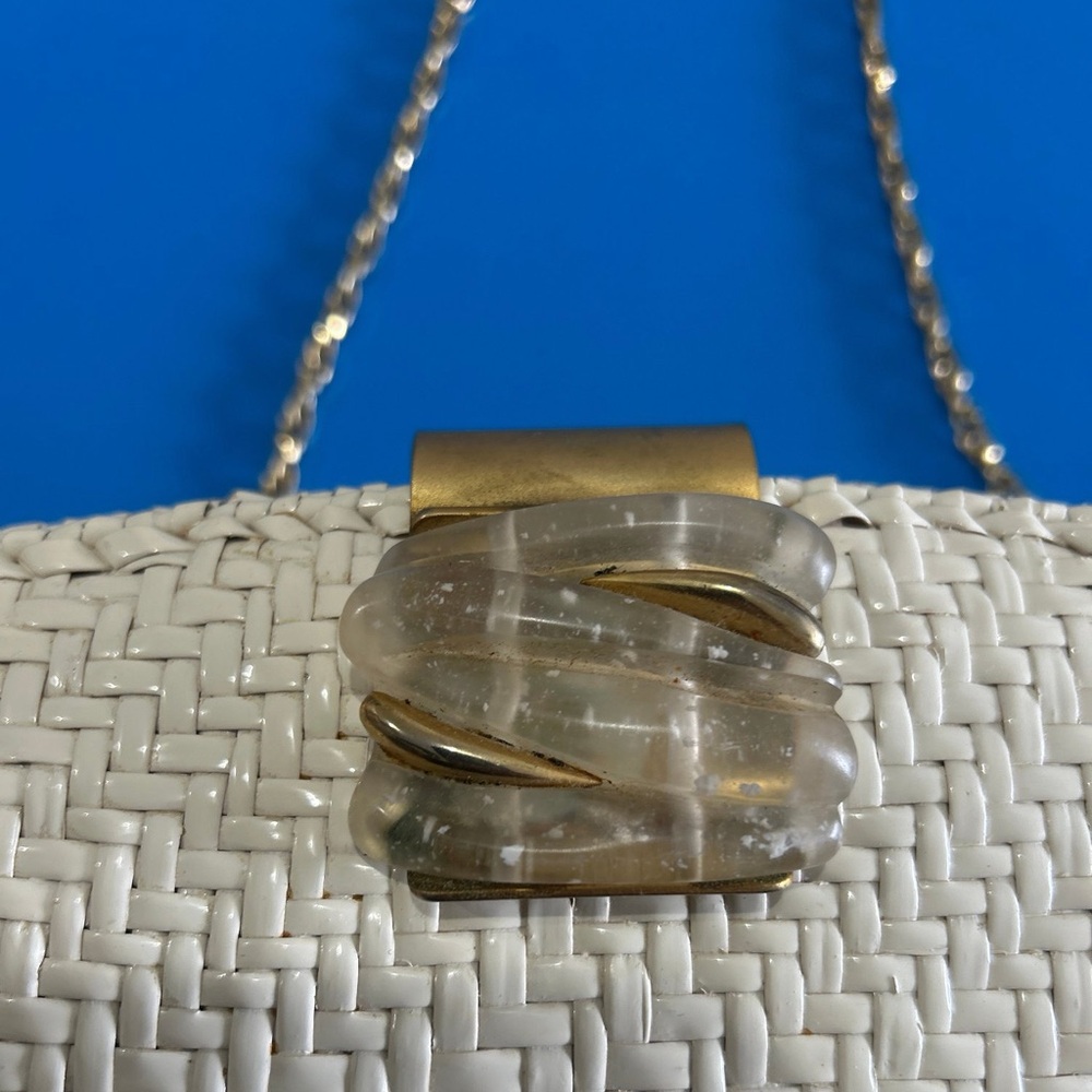 Chic White Woven Clutch with Gold Accents